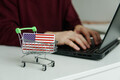 Small shopping cart with flag of the USA on the table. Man using laptop for shopping online. - PhotoDune Item for Sale