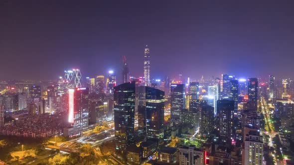 Shenzhen Urban Skyline at Night. Futian District. China. Aerial View