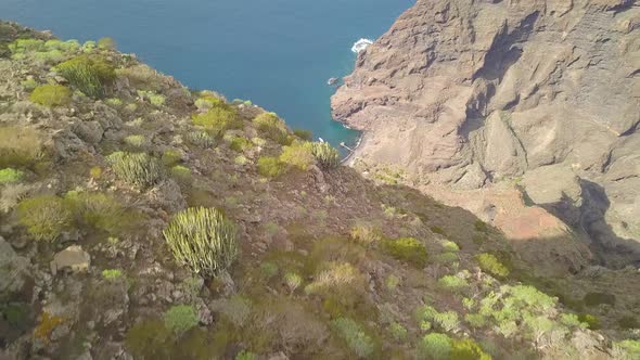 Masca canyon and Playa de Masca beach from above.A boat is arriving to pick up tourists.