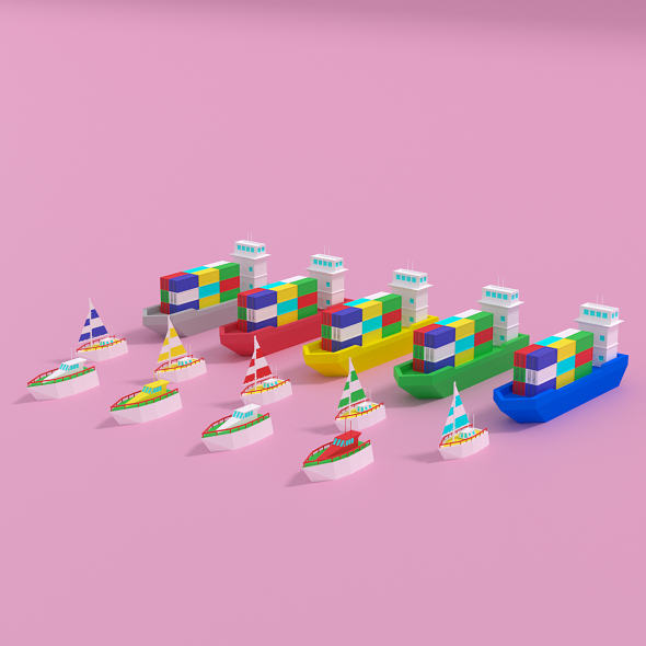Cartoon Container Ship Yacht Sail Boat 3D model