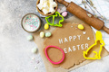 Background for baking or cooking Easter cookies. Ingredients and kitchen utensils for baking.  - PhotoDune Item for Sale