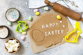 Background for baking or cooking Easter cookies. Ingredients and kitchen utensils for baking - PhotoDune Item for Sale