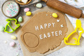 Background for baking or cooking Easter cookies. Ingredients and kitchen utensils for baking. - PhotoDune Item for Sale