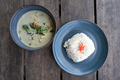 Top down view of a Thai Green Vegetable Curry with rice on a wooden table - PhotoDune Item for Sale
