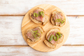 Bread sandwiches with jerky salted meat, sorrel and cilantro microgreen on white. top view. - PhotoDune Item for Sale