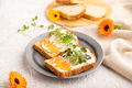 White bread sandwiches with cream cheese, calendula petals and microgreen radish and tagetes on gray - PhotoDune Item for Sale