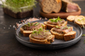 Bread sandwiches with jerky salted meat, sorrel and cilantro microgreen on black concrete - PhotoDune Item for Sale