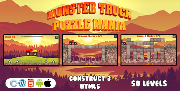 Monster Truck Puzzle Mania Game (Construct 3 | C3P | HTML5) Racing and Puzzle Game with 50 Levels