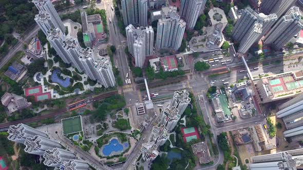 Drone fly over the Kowloon Peninsula in Hong Kong city