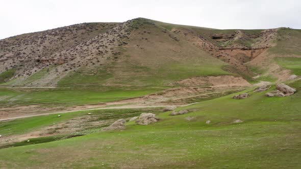 Green Hills Covered By Spring Vegetation in Bloom and Grass in Rocky Highlands