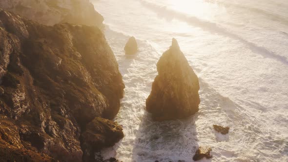 Aerial Drone View of Dramatic Coastal Landscape and Scenery of Cliffs, Rock Formations and Rocks on