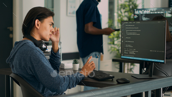 displaying artificial intelligence algorithm. Software developer working on coding interface with server information, big data.