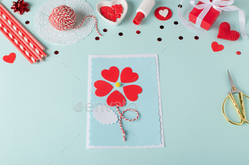 greeting card. Step-by-step instructions for making valentines. Step 10 Flat lay, top view.