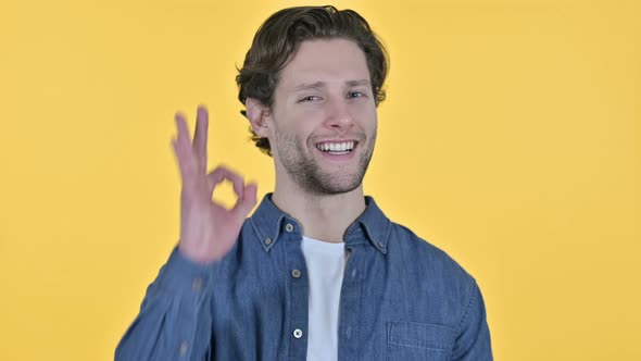 Ok Sign By Cheerful Young Man on Yellow Background