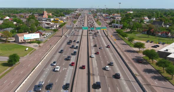 Aerial view of cars on I-45 South in Houston headed towards Galveston, Texas.