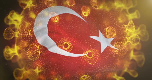 Turkish Flag With Corona Virus Bacteria Centered 4K alt