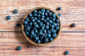 Top down view of a bowl of fresh blueberries on wooden background - PhotoDune Item for Sale