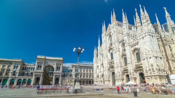 Cathedral Duomo Di Milano and Vittorio Emanuele Gallery Timelapse Hyperlapse in Square Piazza Duomo