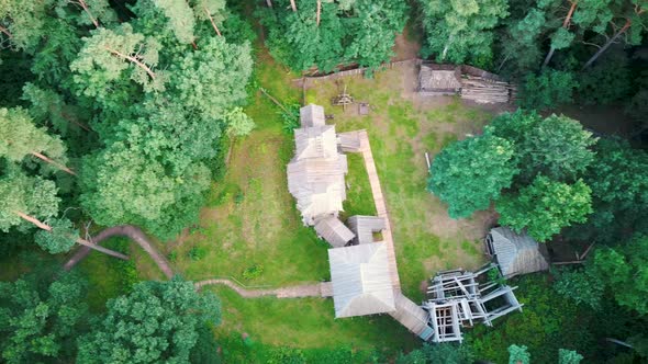 Reconstructed Wooden Castle of Semigallians in Tervete, Latvia Surrounded by Pine Forest. 4K Video