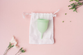 Green menstrual cup on white pouch next to dry flowers on pink background - PhotoDune Item for Sale