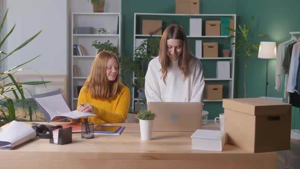 Positive Girls Students Study Together at Home Online Communicate Mental Health