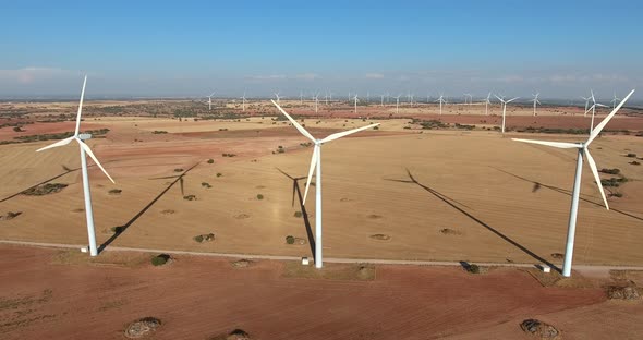 aerial view of a eolic wind mill park in countryside