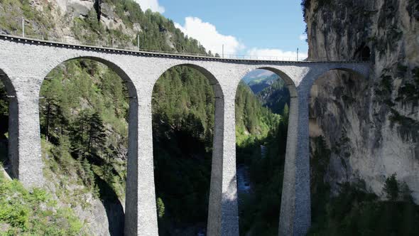 Aerial View of the Landwasser Viaduct in the Swiss Alps at Summer