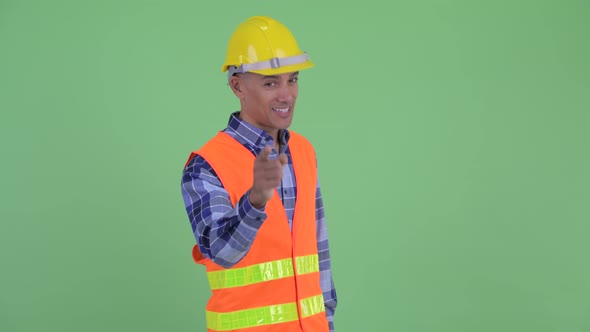 Happy Multi Ethnic Man Construction Worker Pointing at Camera