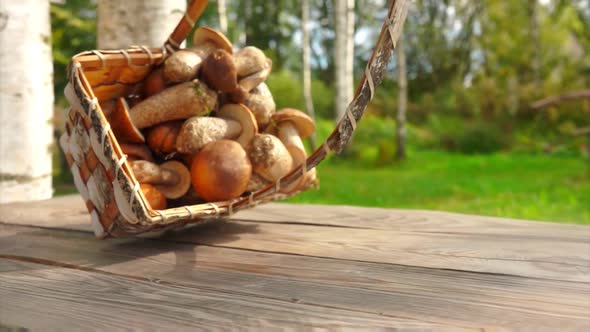 Mushrooms Fall From a Basket on a Wooden Table