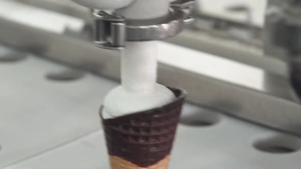 Ice Cream Production, Waffle Cup Ice Cream Filling Process, Transportation Waffle-cone with Plombir