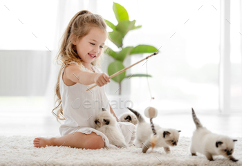 ittle female person happy with kitty pets indoors