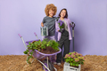 Two busy happy female garden workers busy transplanting flowers from pots stand near wheelbarrow - PhotoDune Item for Sale