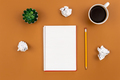 Empty notebook with cup of coffee and crumpled paper balls, flat lay. - PhotoDune Item for Sale