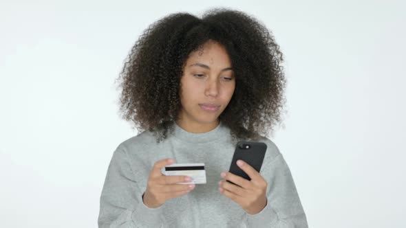 Online Shopping on Smartphone By African Woman White Background