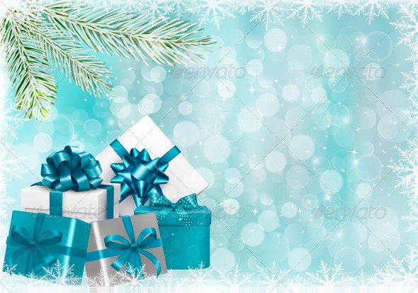 Christmas Blue Background with Gift Boxes