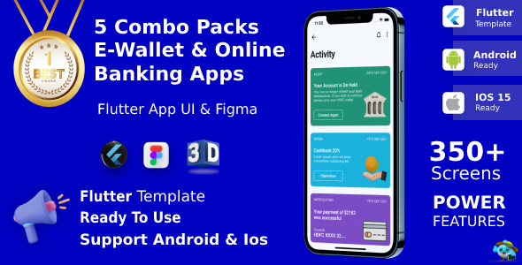 Combo Flutter 5 Wallet & Online Banking Apps in 1 Template | Flutter | Figma | Life Time Update