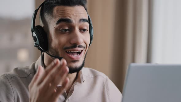 Emotional Male Operator Businessman Arab Man Guy Service Assistant Recruiter Wear Headphones with