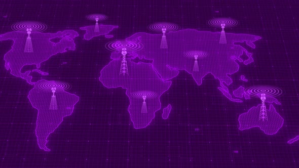 Purple Color Network Tower Wave Signal Animated On World Map