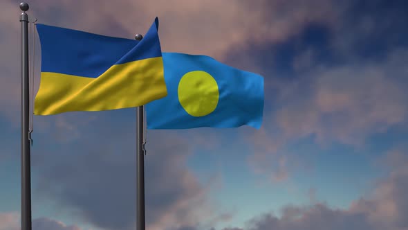 Palau Flag Waving Along With The National Flag Of The Ukraine - 4K