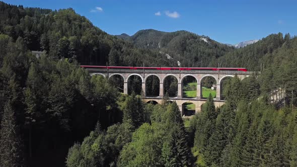 Aerial of Train on Viaduct in Semmering Railway, Austria