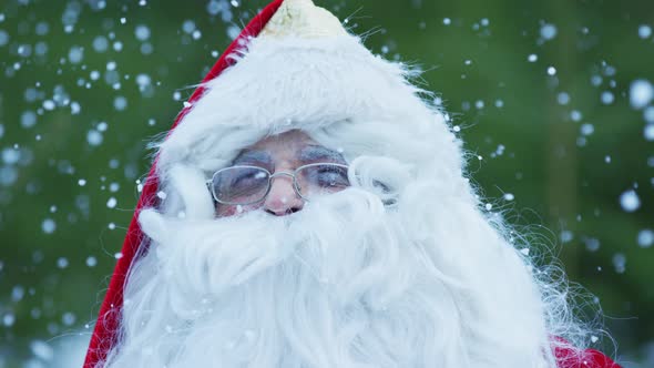 Close up of Santa Claus admiring the snowfall