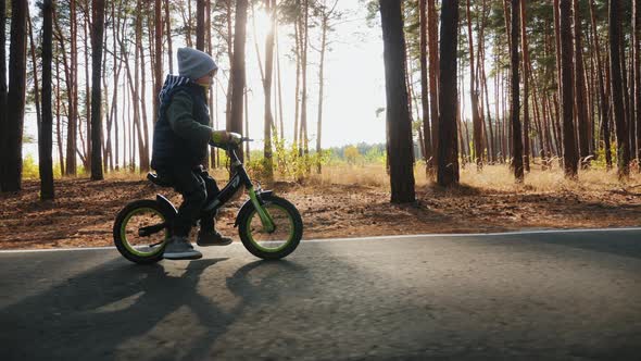 Little Boy Learning To Ride First Running Balance Bike