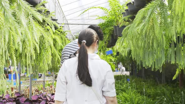 Two masked asian people look at hanging fern plants at a plant nursery and talk about the plants.