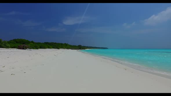 Aerial nature of luxury seashore beach trip by shallow ocean with white sand background of adventure