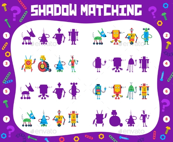 Shadow Matching Quiz Game Cartoon Robots Droids