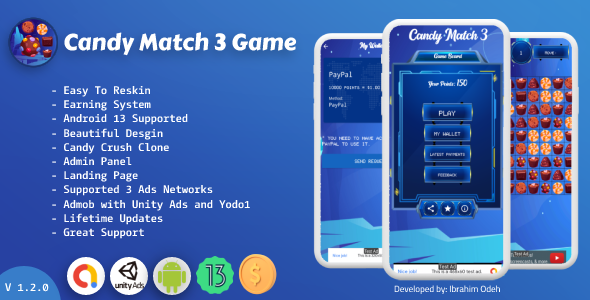 Candy Match 3 Game with Earning System and Admin Panel + Landing Page