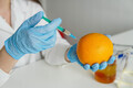 Scientist with syringe injects chemicals into an orange, Pesticides and fertilizers in fruits. - PhotoDune Item for Sale