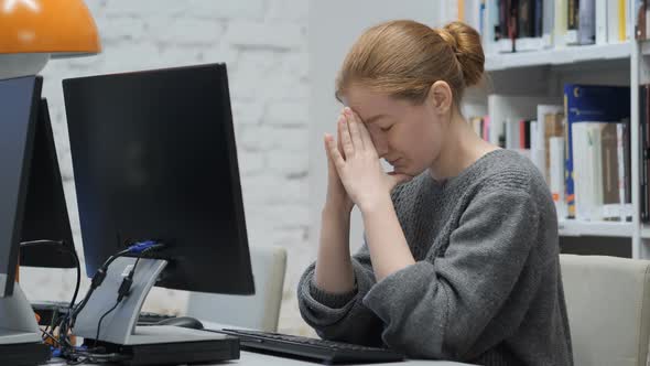 Frustrated, Sad Redhead Woman with Stress and Headache