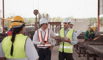 struction engineers review the work and talk about how the project, in the construction site.