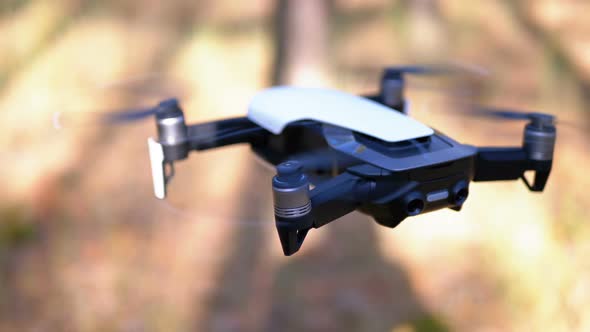 Drone with a Camera Hovers in the Air. Flies Above the Ground in the Forest. Slow Motion